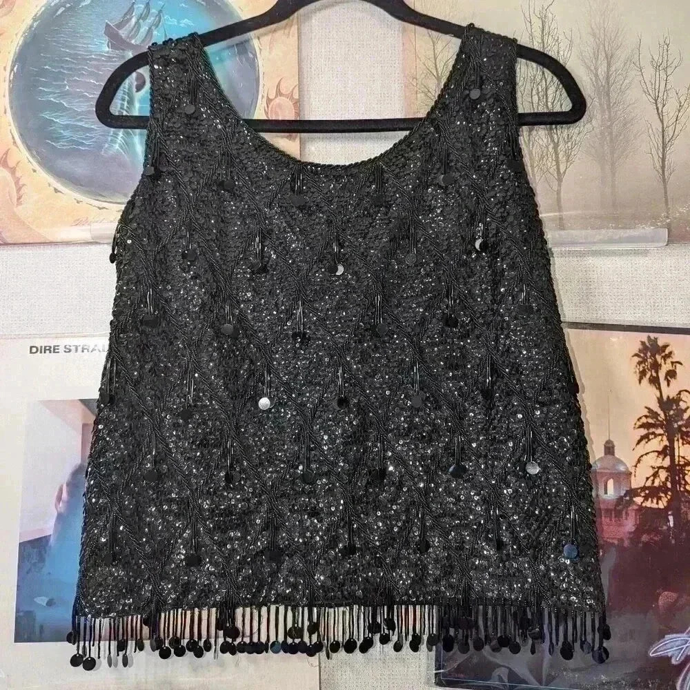Vintage Beaded Sequin Black Top